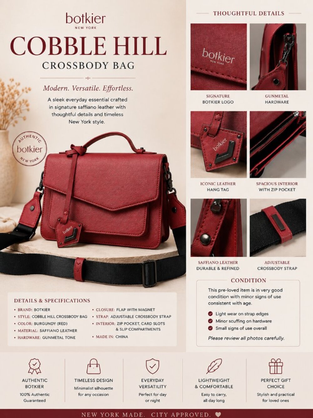 Botkier Cobble Hill Saffiano Red / Pink Leather Crossbody Shoulder Bag